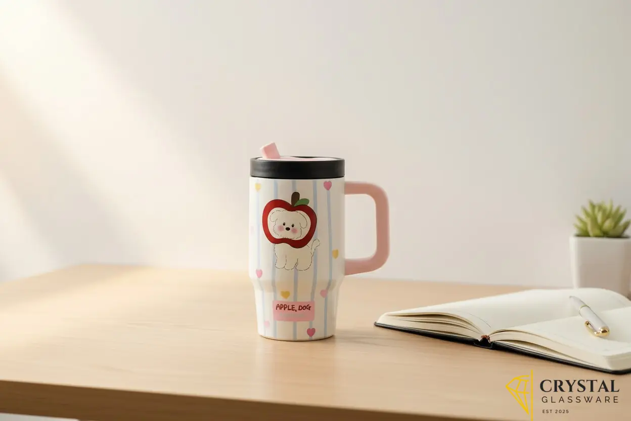 Cute striped thermal mug with a handle, lid, and an "Apple, Dog" puppy